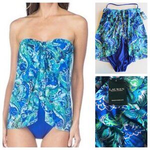 Ralph Lauren Flyaway Slimming One Piece Swimsuit Paisley Floral Blue Sz 4 NWT